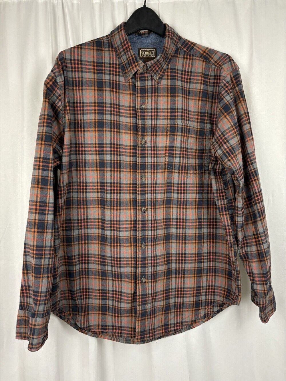 C.E. Schmidt Workwear Mens L Plaid Orange Gray Long Sleeve Button Down Shirt˛AS